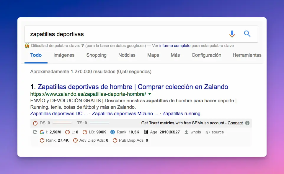 Métricas SEO de SEOQuake en Google SERPs