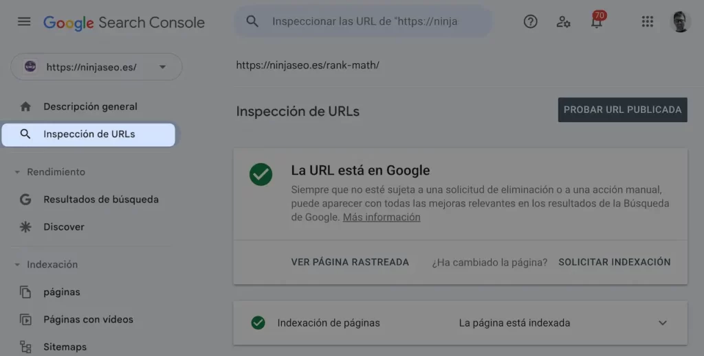Inspección de URLs en Google Search Console para indexar una pagina