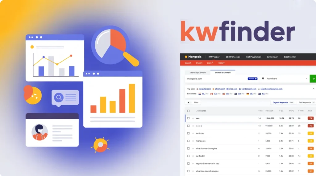 Imagen destacada del tutorial de KWFinder mostrando la interfaz de la herramienta de keyword research y elementos gráficos de SEO