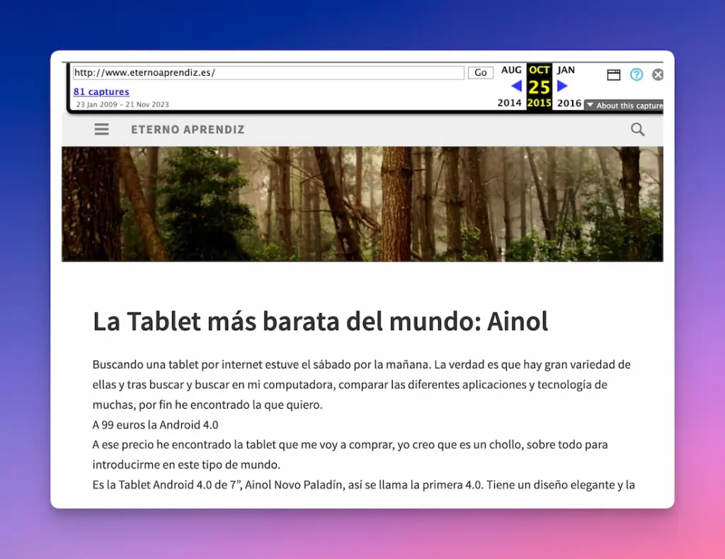 Copia de una página eliminada pero almacenada en archive.org