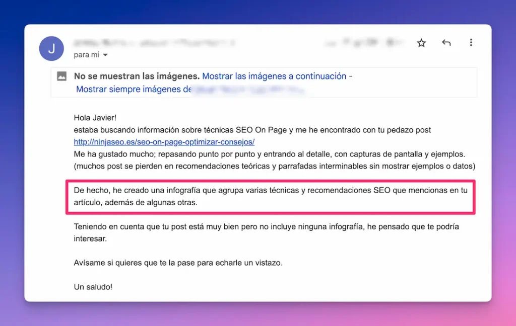 Ejemplo de solicitud de enlace a cambio de una infografía