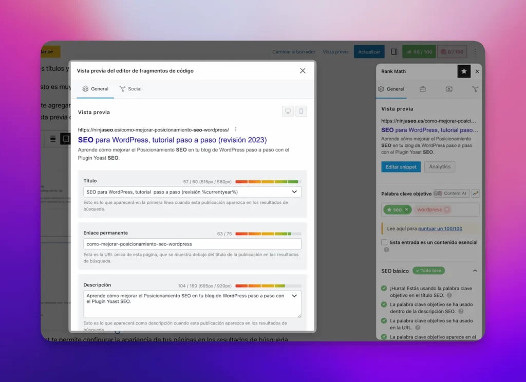 Edición de snippet en Rank Math para WordPress