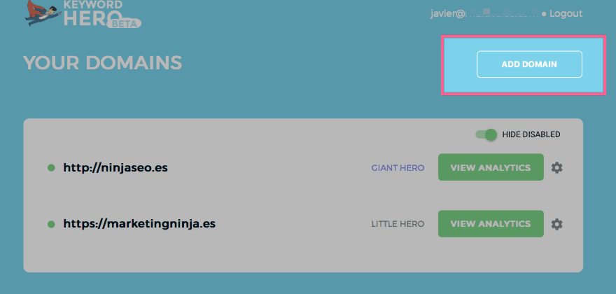 Añade tu dominio a Keyword Hero para comenzar