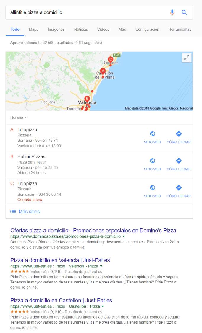 Búsqueda de pizza a domicilio en Google con mapas