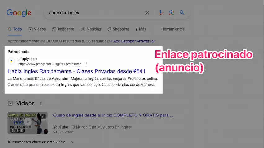 Enlace patrocinado (anuncio) en las búsquedas de Google
