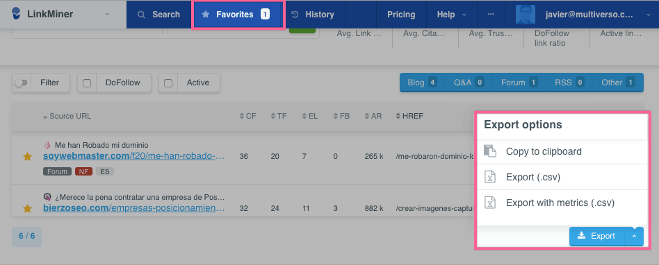 Exporta tus enlaces favoritos rápidamente en LinkMiner