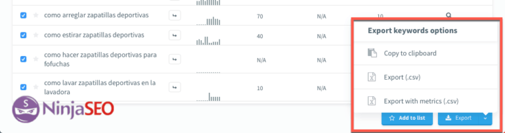 exportación de keywords con sus métricas en kwfinder 3 opt