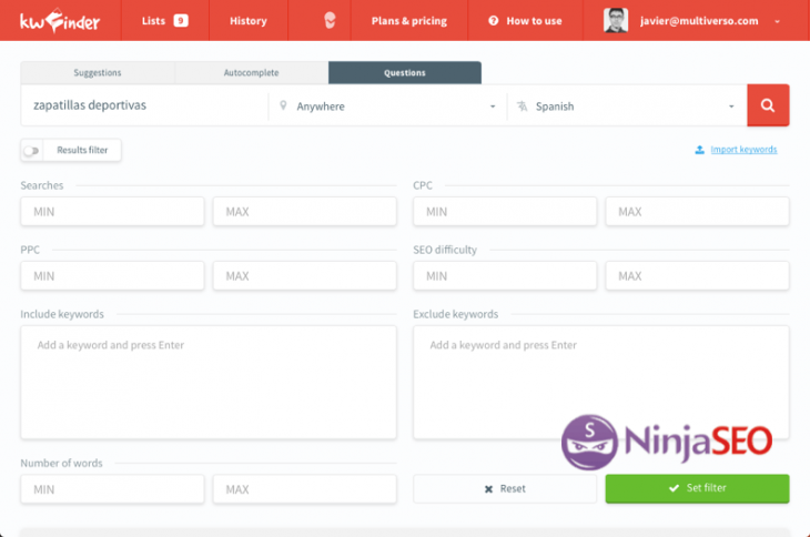 Filtros de Keywords en Kwfinder