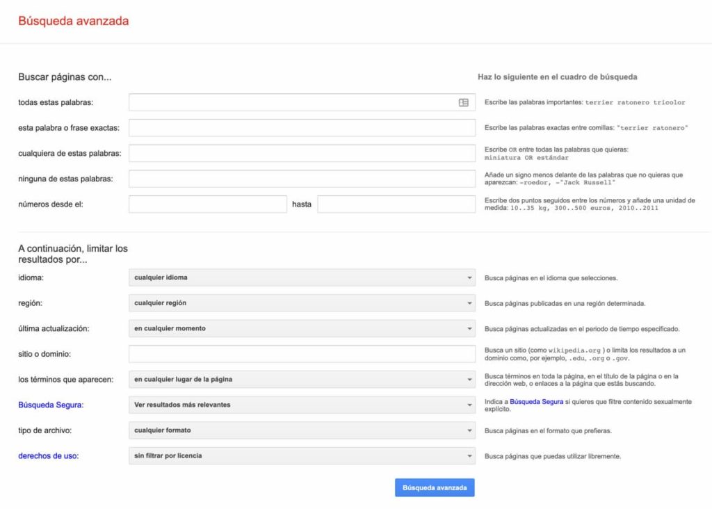 Formulario de búsqueda avanzada de Google