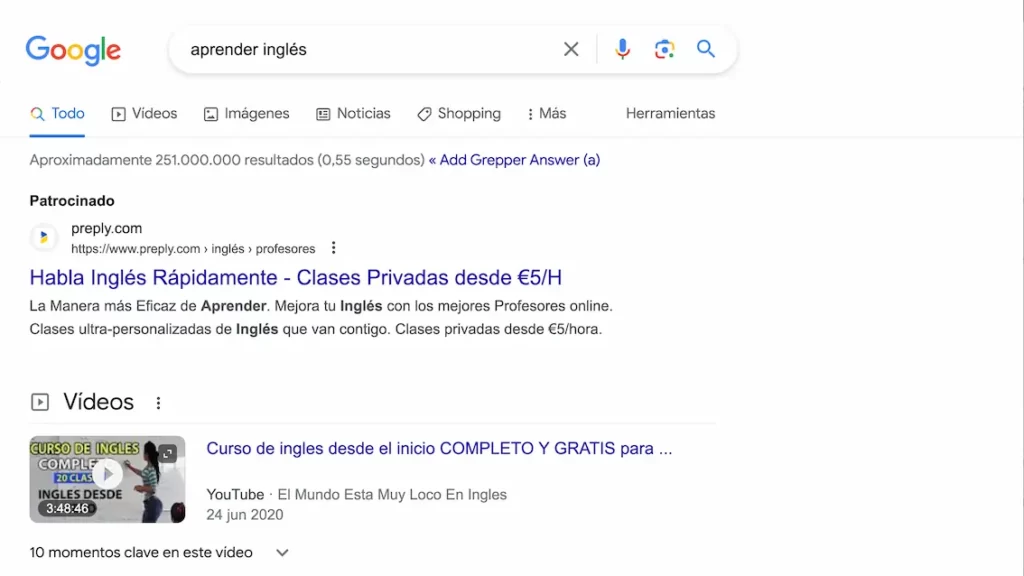 Resultado de Google para una búsqueda