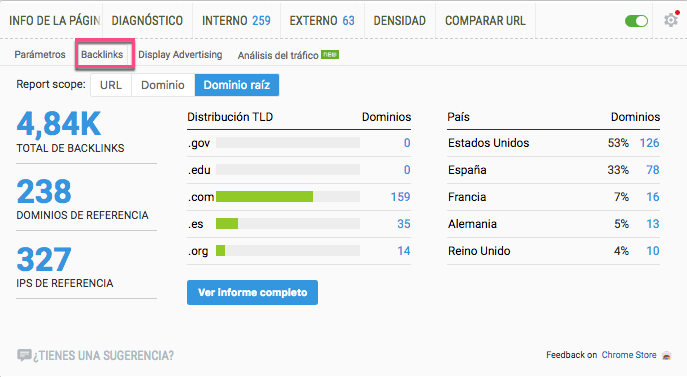 SEOQuake panel de backlinks