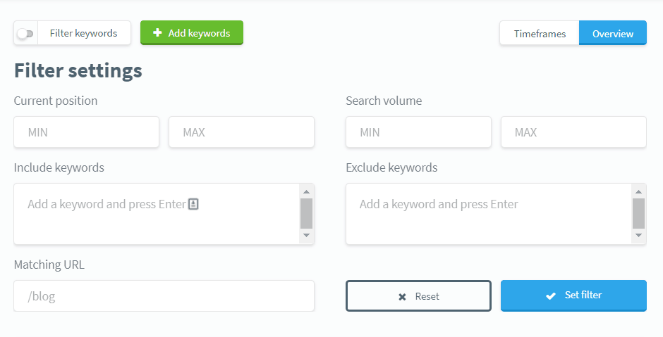 SERPWatcher tiene una excelente sistema de filtrado