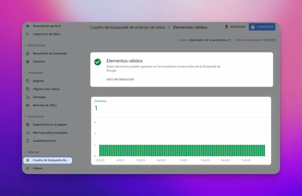 Cuadro de búsqueda de sitios en Search Console