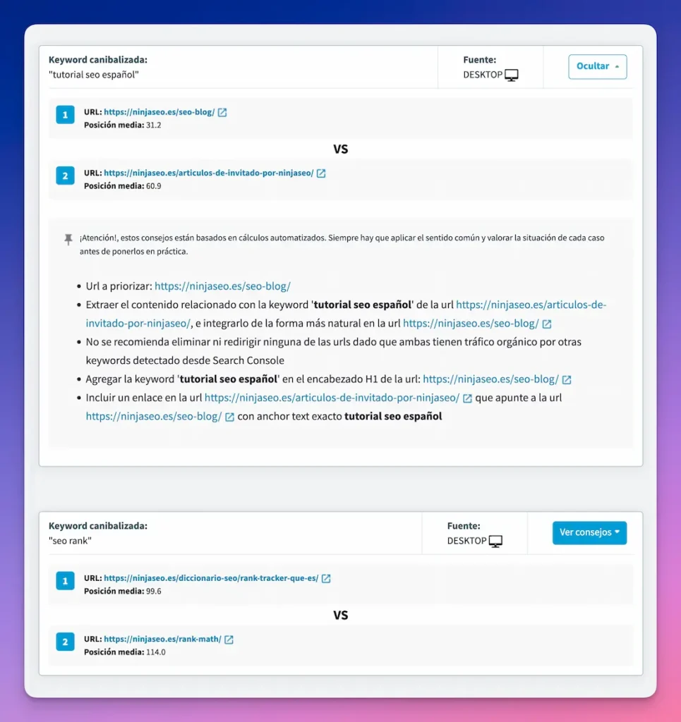 Analisis de canibalizacion de una keyword en DinoRank