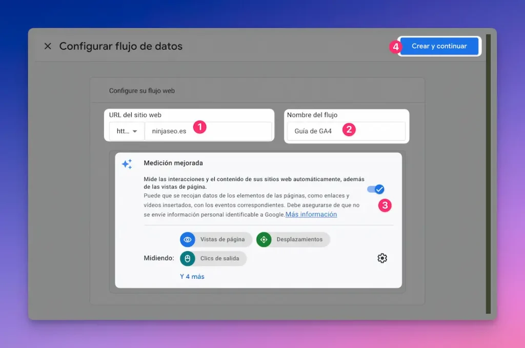 Crear cuenta en GA4 flujo de datos