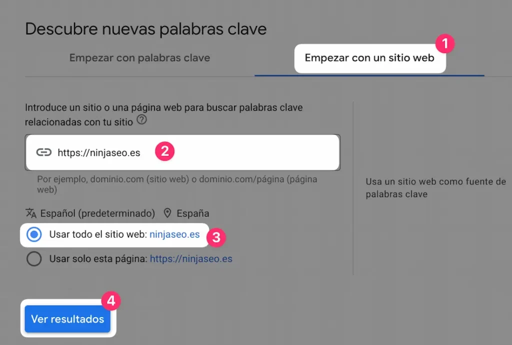 Encontrar keywords relacionadas con un sitio web