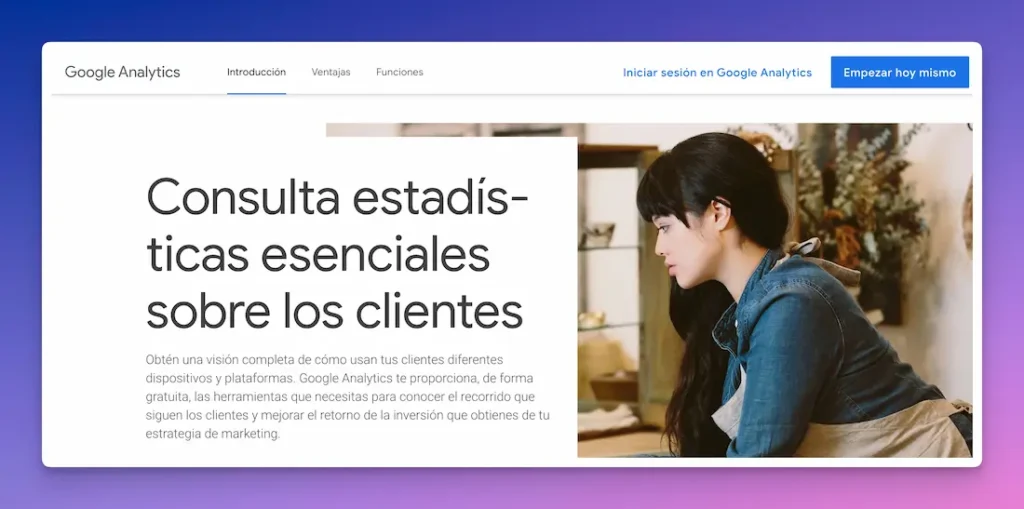 Pagina de inicio de Google Analytics