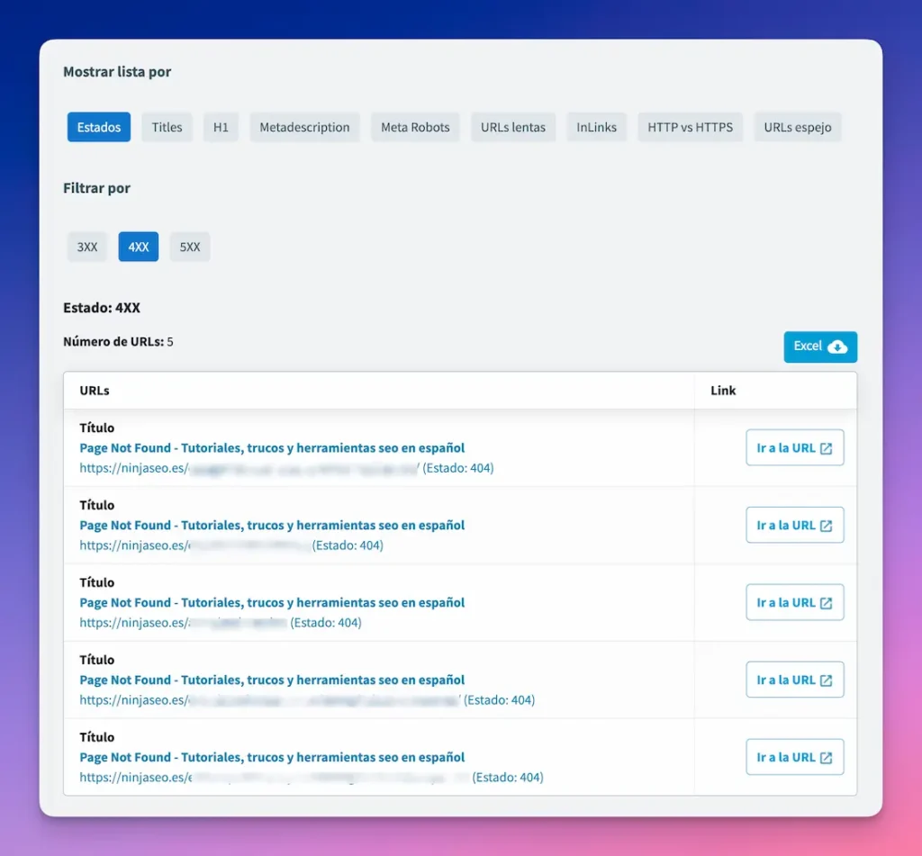 Paginas con estado 404 en Auditoria SEO de DinoRank