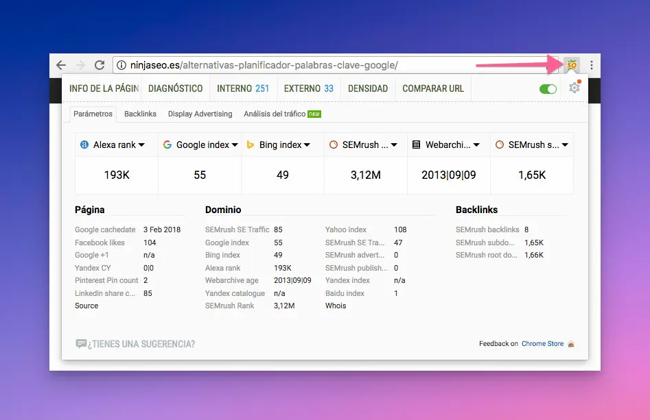 Panel de metricas de SEOQuake