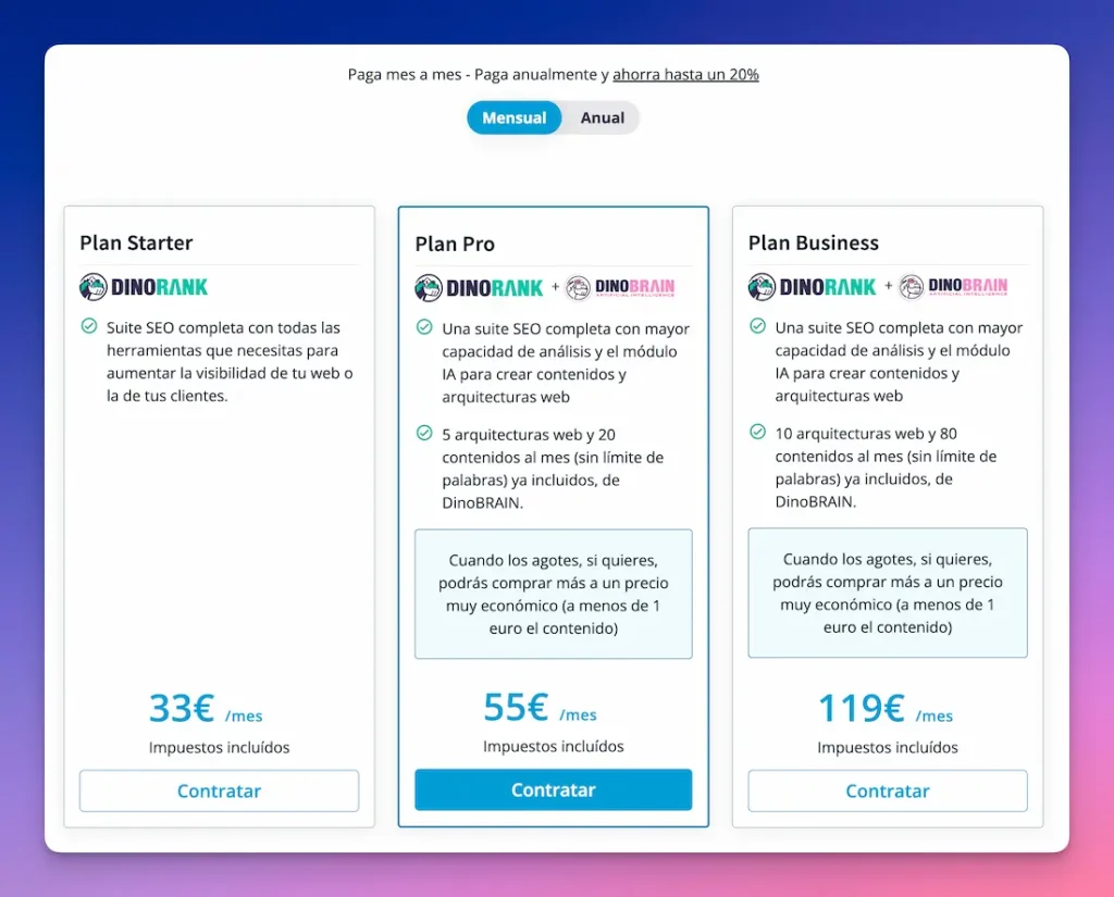 Planes de precio de DinoRank