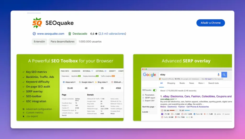 SEOQuake en la Chrome Web Store