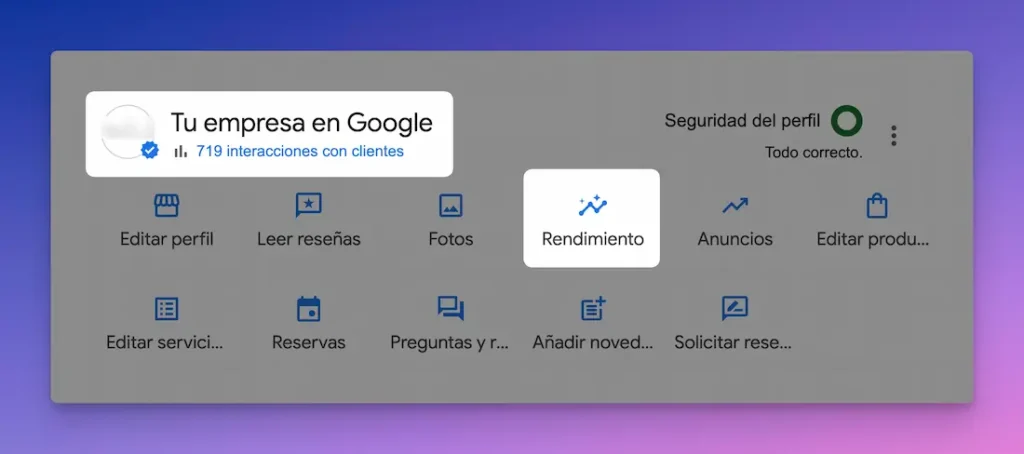Profile Insights en pefil de empresa de Google Diccionario SEO