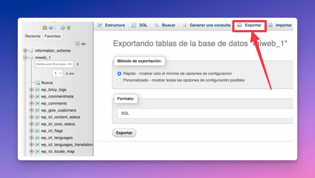 Expoertar base de datos phpMyAdmin
