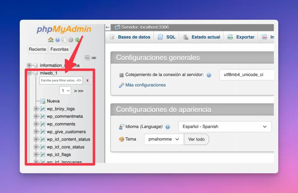 phpMyAdmin con tus bases de datos