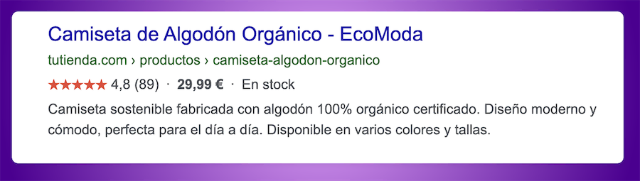 Vista previa de un rich snippet para una camiseta de algodón orgánico, mostrando calificación, precio y disponibilidad en Google.