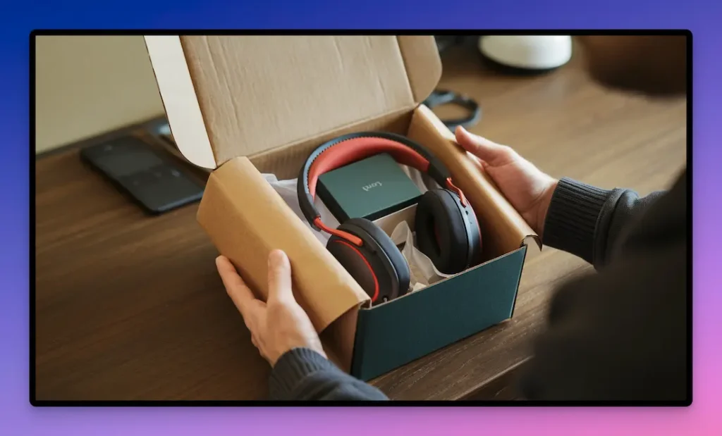 Un hombre desempaquetando un paquete con auriculares