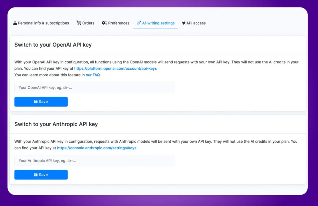 Interfaz de usuario de NeuronWriter mostrando configuración de claves API para OpenAI y Anthropic.