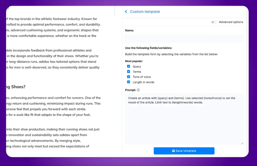 Interfaz de usuario de NeuronWriter con plantilla personalizada para redacción SEO.