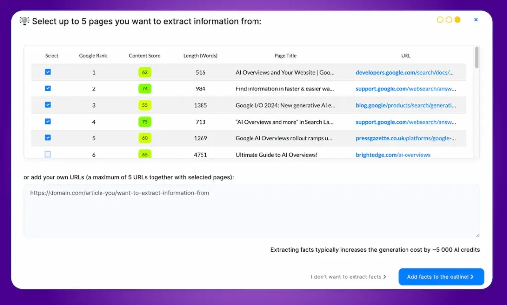 Interfaz de NeuronWriter mostrando opciones de selección de páginas para extraer información SEO con ranking y puntuación de contenido.