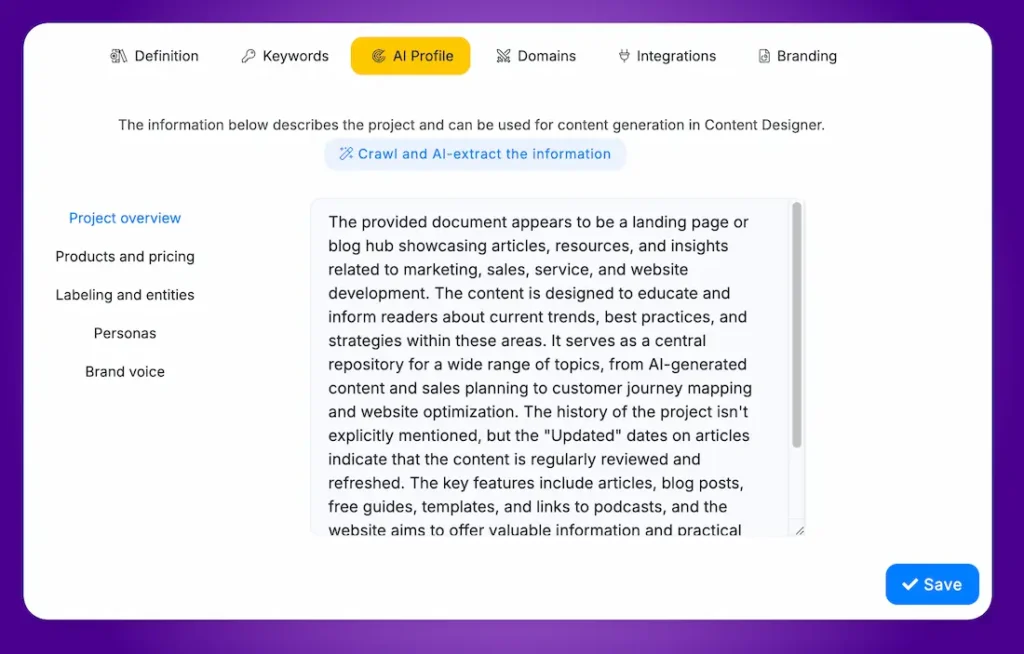 Panel de usuario de herramienta SEO NeuronWriter con opciones para definición, palabras clave y más.