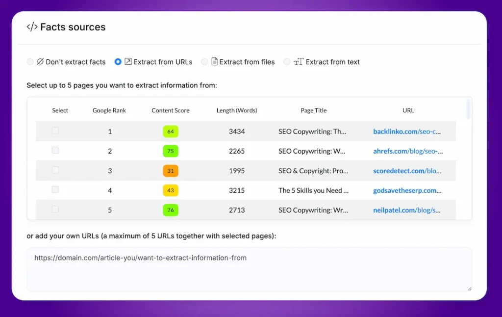 Interfaz de NeuronWriter mostrando fuentes de extracción de datos SEO con puntuaciones de contenido y títulos de página.