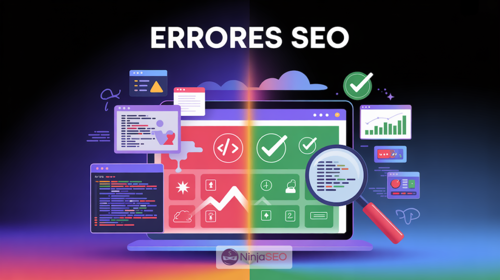 Ilustración de una pantalla con elementos de SEO, gráficos y un icono de lupa sobre fondo oscuro.