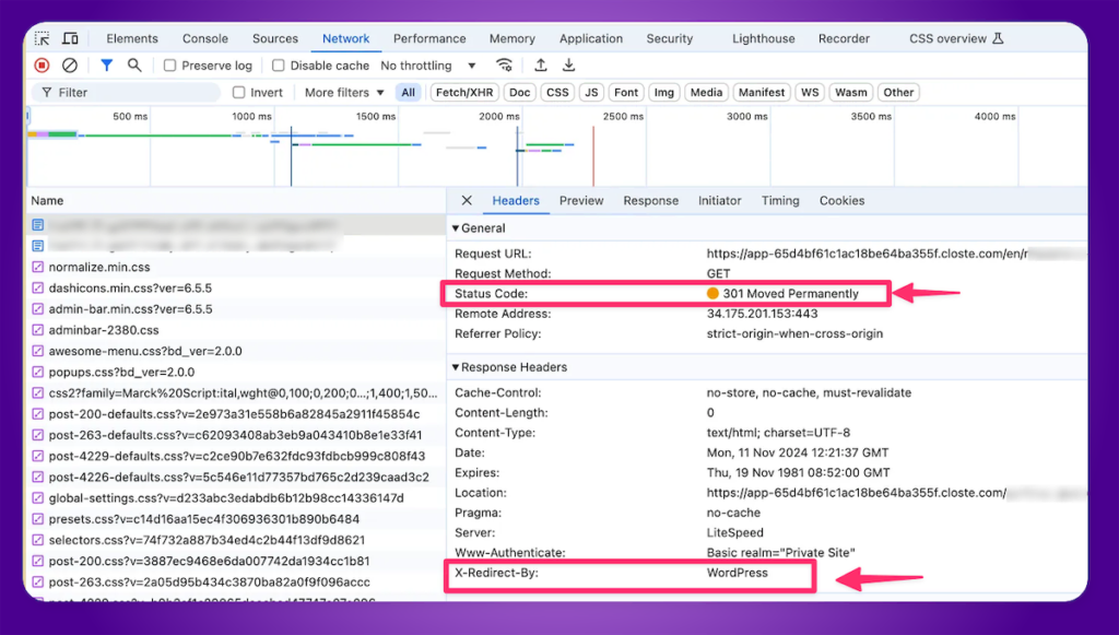 Pantalla de Chrome DevTools mostrando código de estado 301, indicando redirección permanente en la sección de encabezados.