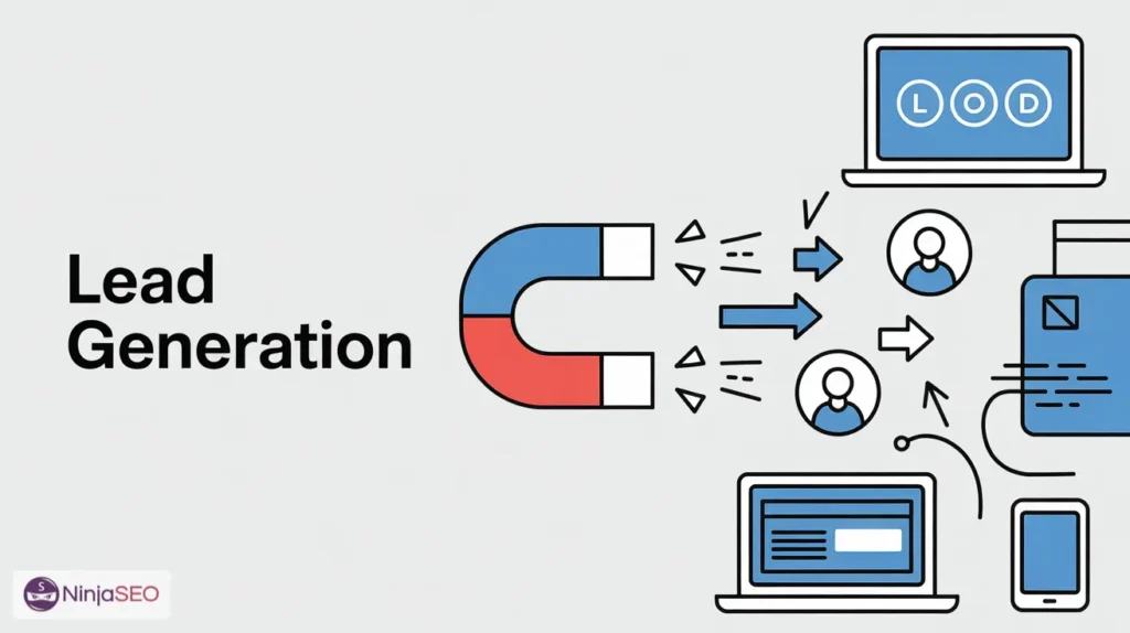 Ilustración de generación de leads con un imán atrayendo iconos de personas hacia dispositivos electrónicos.