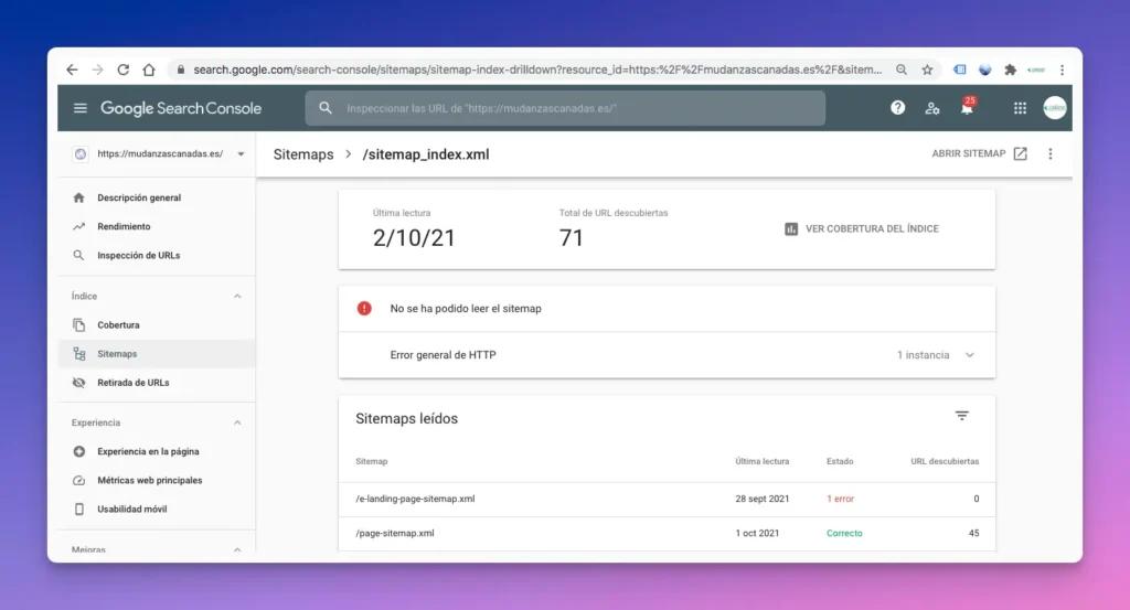Pantalla de Google Search Console mostrando un error de sitemap rechazado por configuración incorrecta de robots.txt.