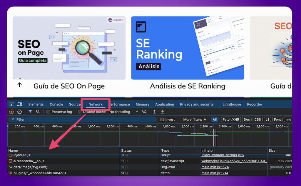 Captura de pantalla de la pestaña "Network" en DevTools de Google Chrome, resaltando recursos cargados.