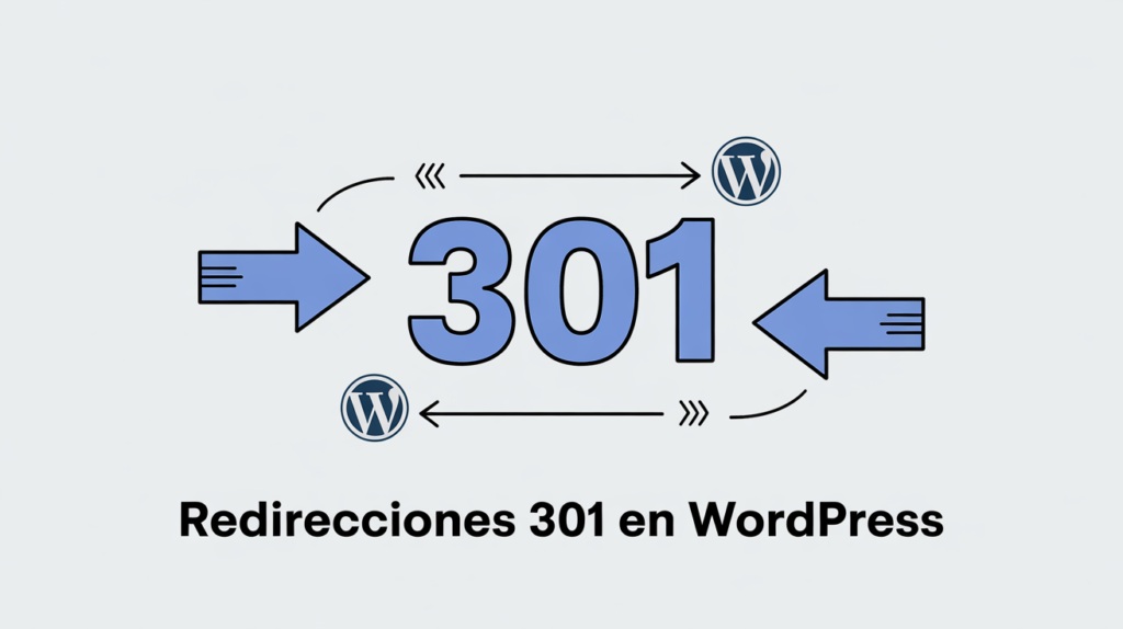 Iconos de flechas y logotipos de WordPress alrededor del número 301, con texto "Redirecciones 301 en WordPress" abajo.