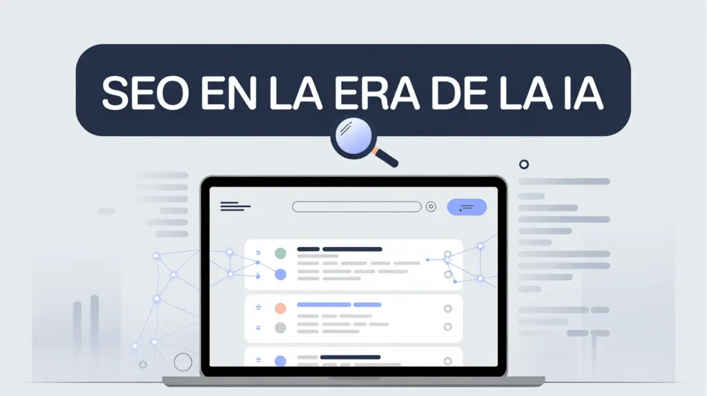 SEO y la IA representados en una pantalla de ordenador con lupa y gráficos conectados.