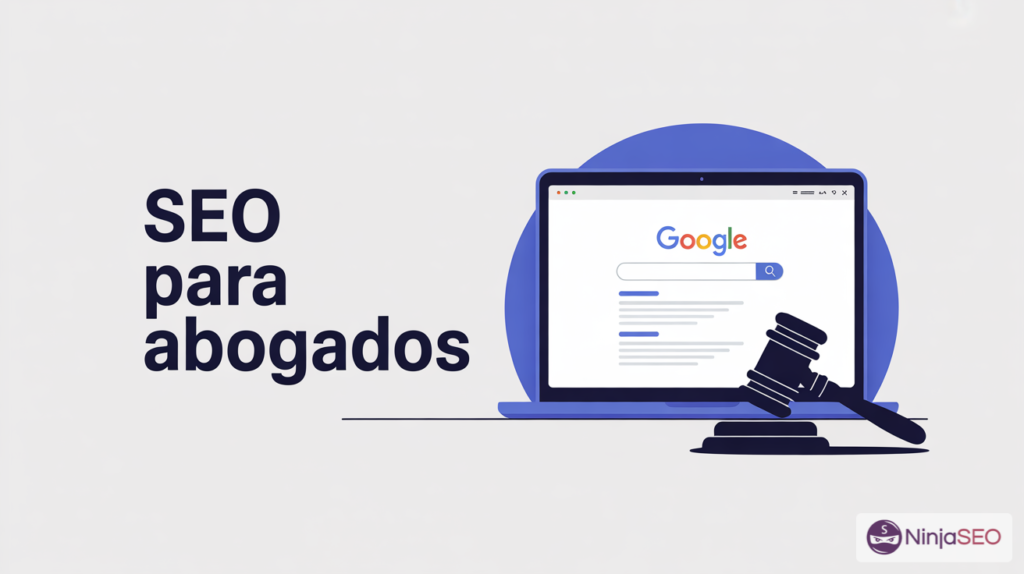 SEO para abogados con laptop y mazo judicial sobre pantalla de búsqueda de Google.