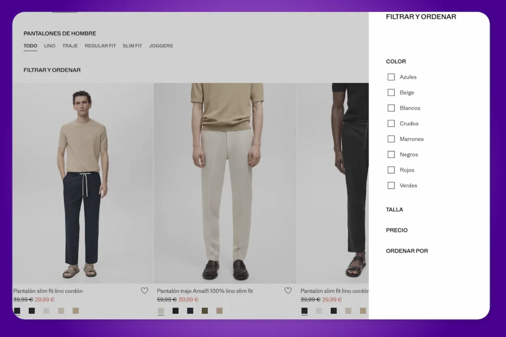 Vista de productos y filtros de pantalones de hombre en tienda en línea, destacando opciones de color y precios.