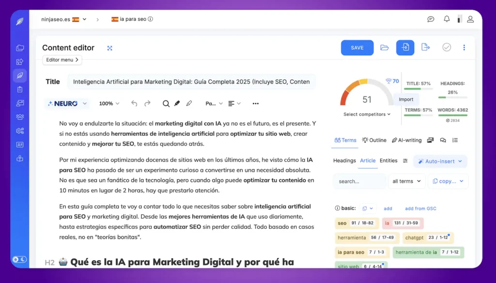 Editor de contenido de NeuronWriter mostrando herramientas para optimización SEO y análisis de competidores.