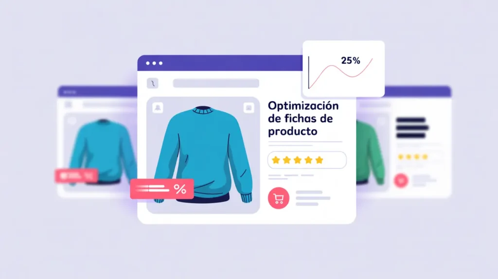 Vista de ficha de producto optimizada para SEO en ecommerce, mostrando un suéter azul, reseñas y gráfico de mejora.