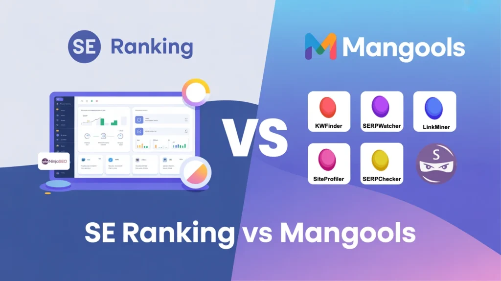 Comparación de herramientas SEO: SE Ranking y Mangools, con íconos de sus funciones principales.