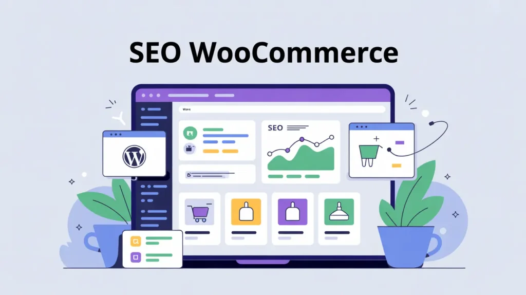 Ilustración de una pantalla de computadora con gráficos de SEO y elementos de WooCommerce y WordPress.