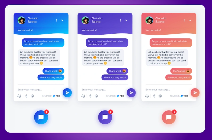Chat en vivo de Tidio en tres variantes de color para ecommerce, mostrando una conversación sobre disponibilidad de zapatillas.