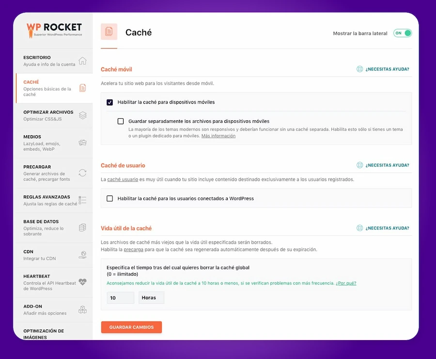 Interfaz de configuración de caché en WP Rocket para WooCommerce, mostrando opciones de caché móvil y de usuario.